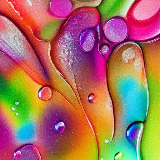 Prompt: TOUCH OF COLOR - THE DROPLETS As the mix full of colour evolves, the material becomes more condensed and starts to create beautiful organic shapes and abstract moments. Studio lighting