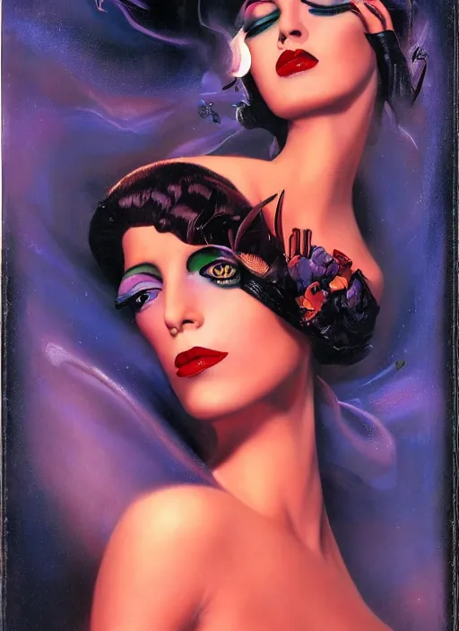 Image similar to an 8 0 s portrait of a woman with dark eye - shadow and red lips with dark slicked back hair dreaming acid - fueled hallucinations by serge lutens, rolf armstrong, delphin enjolras, peter elson