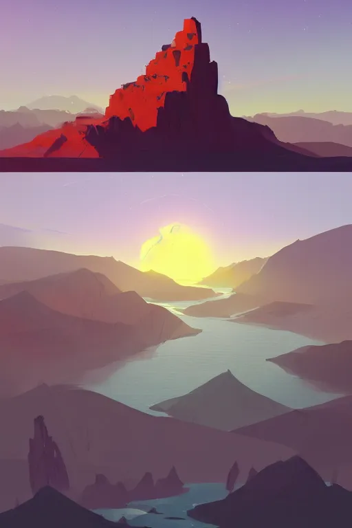 Image similar to sunrise mountain water concept art digital art by james gilleard trending on artstation