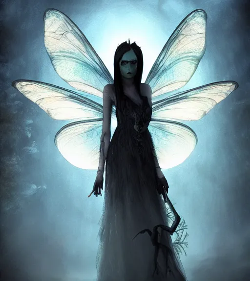 Image similar to gothic fairy with dragonfly wings, digital painting, liminal eerie midnight backlit, a picture taken by Michael Komarck and Karl Simon Gustafsson