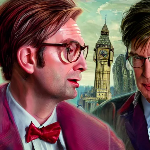 Prompt: david tennant as tenth doctor who and donald trump in pink clothes in tardis, highly detailed, artstation, concept art, fantasy, smooth, sharp focus, illustration, perfect face, art by nikolay makovsky, jacek malczewski, arthur hughes, edward okun, franz xaver winterhalter