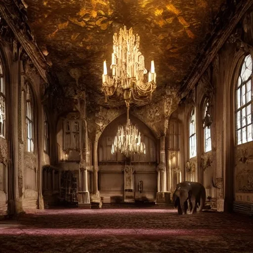 Prompt: large gothic hall with large chandeliers under the ceiling, horror movie, moonlight, elephant in the room