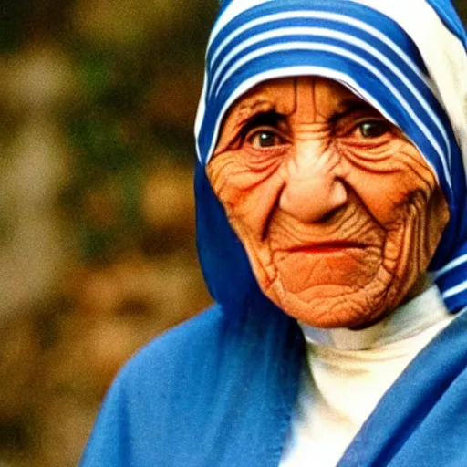 Prompt: A still of Mother Teresa in Rambo First Blood