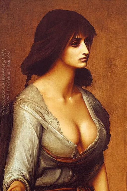 Image similar to oil painting, portrait of penelope cruz, artwork by leonardo da vinci