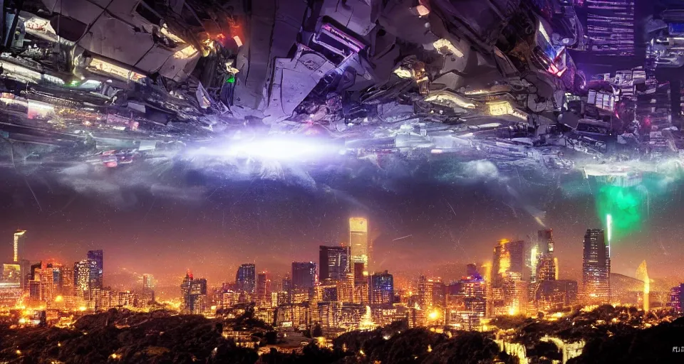 Image similar to alien invasion to santiago de chile, lights, high detail, cyberpunk, dream