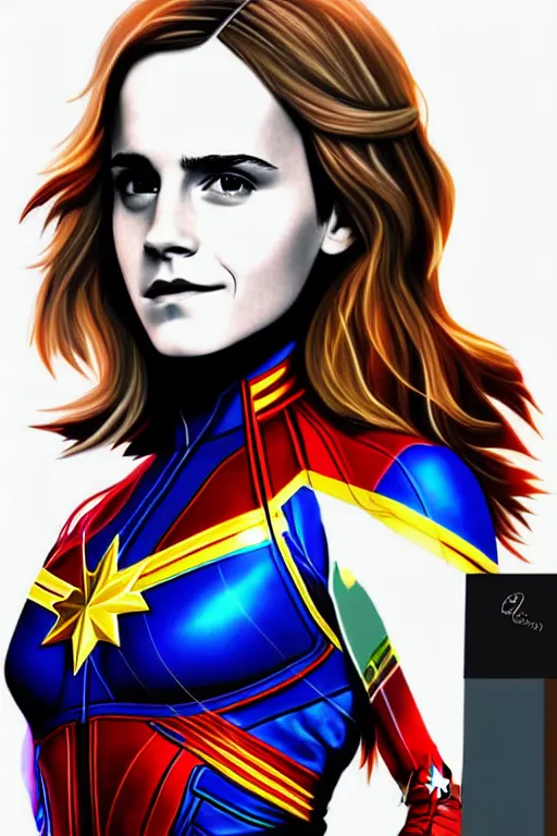 Prompt: Emma Watson as Captain Marvel high quality digital painting in the style of James Jean