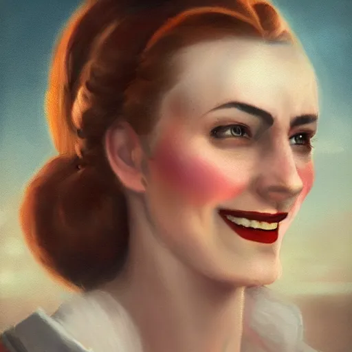 Image similar to smiling, teasing, beautiful, intelligent female pirate captain 2 8 years old, 1 9 4 0 s haircut, fully clothed, wise, beautiful, 1 7 5 0 s oil painting, dramatic lighting, trending on artstation, sharp focus