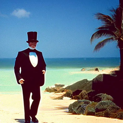 Prompt: the godfather wears a top hat. 5 0 mm, cinematic, technicolor. sea and beach and a palm tree in the background