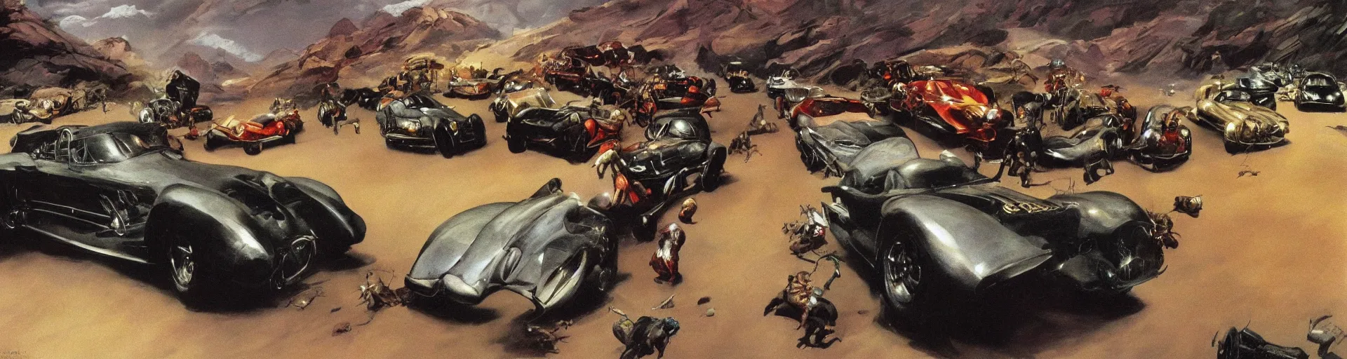 Image similar to a detailed road with racing cars by frank frazetta