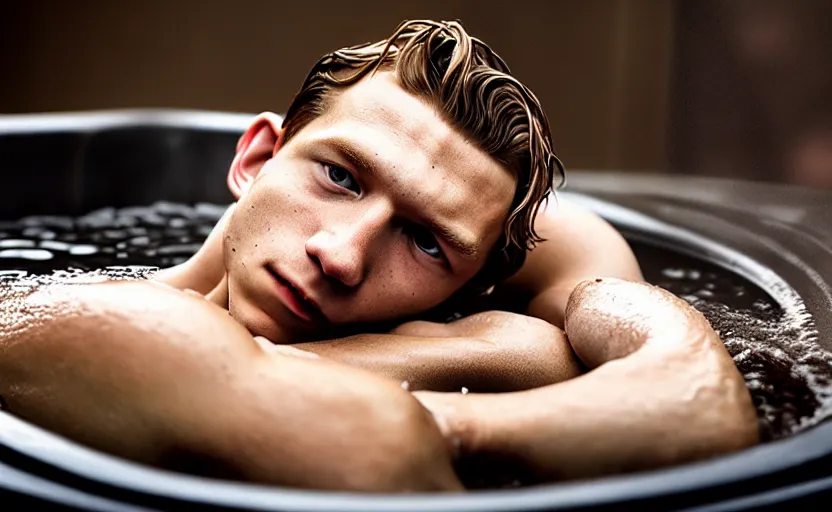 Image similar to photographic portrait by Annie Leibovitz of Tom Holland in a hot tub, closeup, foggy, sepia, moody, dream-like, sigma 85mm f/1.4, 15mm, 35mm, 4k, high resolution, 4k, 8k, hd, full color