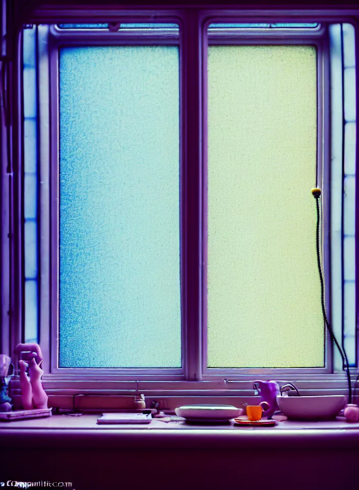 Prompt: telephoto 7 0 mm f / 2. 8 iso 2 0 0 photograph depicting the feeling of chrysalism in a cosy cluttered french sci - fi ( art nouveau ) cyberpunk apartment in a pastel dreamstate art style. ( computer screens, window ( rain ), sink, lamp ( ( fish tank ) ) ), ambient light.