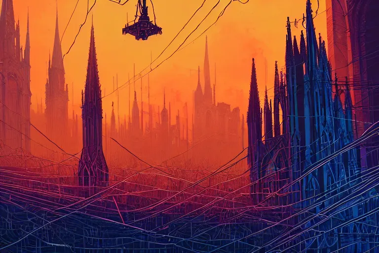 Prompt: a gothic cathedral dan mumford and josan gonzalez and simon stalenhag, cyberpunk, electric wires