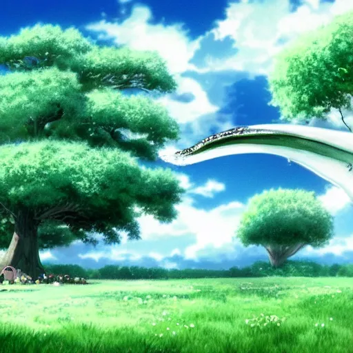 Image similar to big white whale flying near giant tree in the green field, anime, HD,