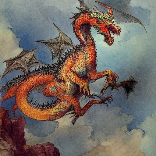 Prompt: colorful watercolor of a pattern of dragon by gustave dore