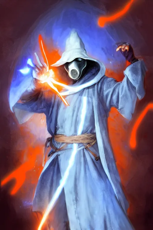 Image similar to a sketch of a plague doctor with a white plague mask and a blue wizard robe casting a orange light spell using his right hand, as a d & d character, blue robe, magical, blue and orange highlights, hip hop aesthetic, concept sheet, painting by gaston bussiere, demon slayer, akiri toriyama, dramatic lighting, professional digital art, anime