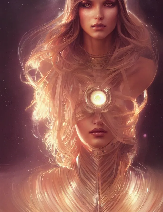 Image similar to futuristic woman portrait, sci-fi, amber eyes, face, long hair, fantasy, intricate, elegant, highly detailed, digital painting, artstation, concept art, smooth, sharp focus, illustration, art by artgerm and greg rutkowski and alphonse mucha