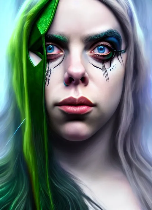 Image similar to Billie Eilish as Female Loki, Goddess of Mischief, beautiful facial symmetry, olive skin color, hyper realistic, hyper detail, very detailed, digital art, trending on artstation, smooth render, 8k octane render,