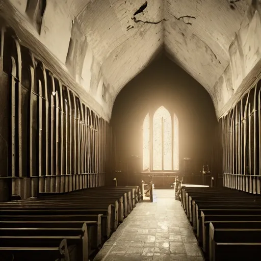 Prompt: a cinematic photograph of an abandoned church interior and a strong beam of light shining in through a crack on the ceiling, a mysterious person stands on the alter, ultra realistic, 8 k, movie still