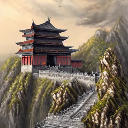 Image similar to dynamic composition, motion, ultra-detailed, incredibly detailed, a lot of details, amazing fine details and brush strokes, colorful and grayish palette, smooth, HD semirealistic anime CG concept art digital painting, watercolor oil painting of epic castle gate, from Three Kingdoms, by a Chinese artist at ArtStation, by Huang Guangjian, Fenghua Zhong, Ruan Jia, Xin Jin and Wei Chang. Realistic artwork of a Chinese videogame, gradients, gentle an harmonic grayish colors.