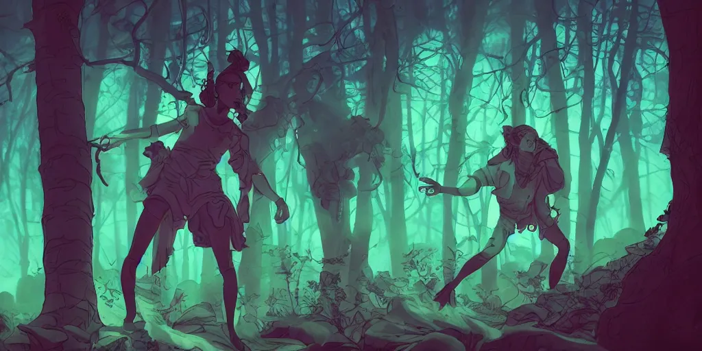Prompt: 1 6 mm, film, tight shot of subject, a non - binary vr musician practicing a dope set in a mystical glowing forest in the style of juan jimenez, james jean, mike mignola, vibrant colors and hard shadows and strong rim light, perfect details, comic character design, trending on artstation, 3 d render, smooth render, green, wlop