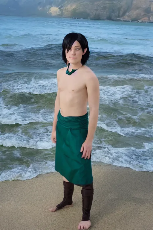 Prompt: a full - length photo of real life toph from avatar sitting on a beach