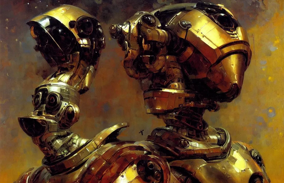 Image similar to portrait of futuristic space robot!!!!!!!!!!!!!!!!!!!!!!!!!!!, detailed face, detailed painting,, epic lighting, by ilya repin, phil hale and kent williams