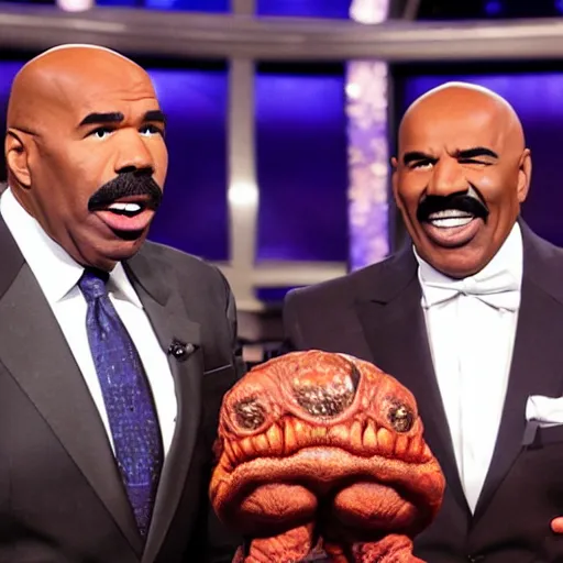 Prompt: steve harvey hosting family feud with aliens by h. r giger. realistic, high quality.