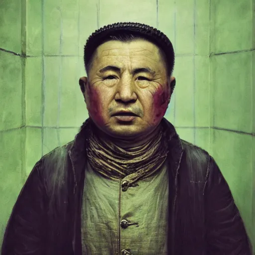 Prompt: face portrait of chinese uyghur muslim prisoner and melting wax, wearing victorian rags, elite, disfigured, drooling, moist, unnatural movement, they are unhappy, bizzaro, baroque, renaissance, by emedios varo and anato finnstark and fenghua zhong, hyperrealism, 8 k, 3 d, masterpiece, texture