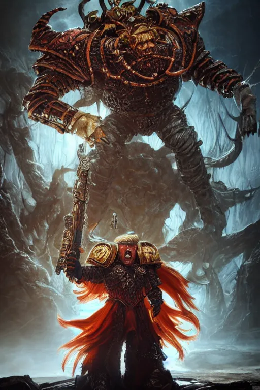 Image similar to an ultra detailed 3 d render of donald trump as an elden ring boss, warhammer 4 0 k, 8 k resolution, in the style of a fantasy metal album cover, volumetric lighting, smooth, highly detailed, digital illustration, octane render, art by jeong seon and greg rutkowsi, artstation