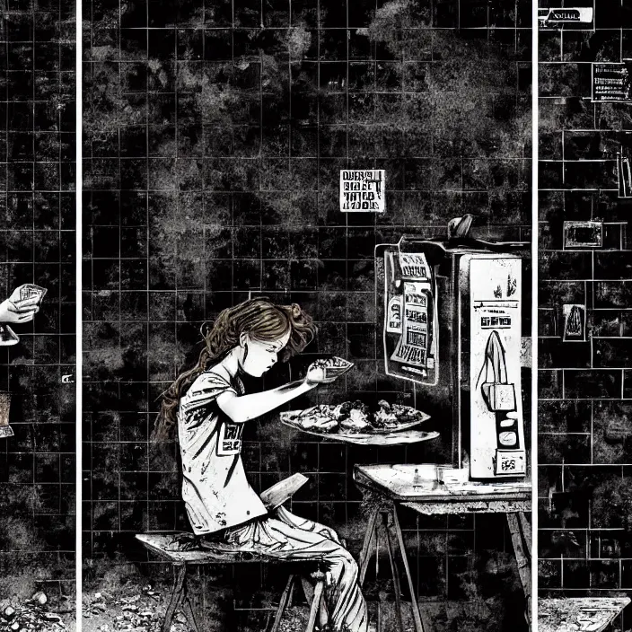 Prompt: sadie sink as a coal miner : sits at a table, eats bread. inside a dirty automated kiosk. bright tasty food options displayed on a wall. black tiles on walls. black and white, pencil and ink. by gabriel hardman, joe alves, chris bonura. cinematic atmosphere, detailed and intricate, perfect anatomy
