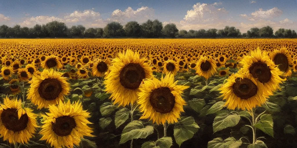 Image similar to Hyper realistic oil painting of an endless sunflower field, high contrast, blue skies, cinematic, by greg rutkowski