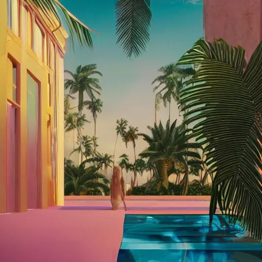 Image similar to indoor liminal space, golden light, peter tarka, palm trees, pink door, minimalistic, hyperrealistic surrealism, award winning masterpiece with incredible details, epic stunning, infinity pool mirrors, a surreal vaporwave liminal space with mirrors, highly detailed, trending on artstation, artgerm and greg rutkowski and alphonse mucha, daily deviation