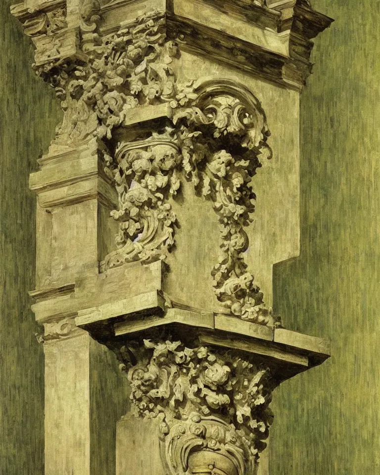 Image similar to achingly beautiful painting of intricate ancient roman corinthian capital on olive drab background by rene magritte, monet, and turner. giovanni battista piranesi.