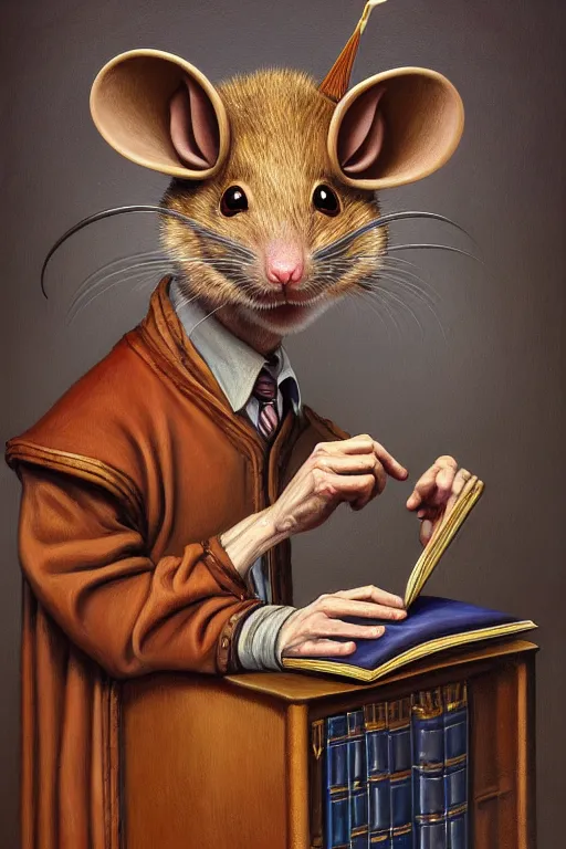 Prompt: classic oil painting, an anthropomorphic rat dressed as a medieval librarian, comfy, highly detailed, digital illustration, concept art, smooth, sharp focus, art by alex grey and james gurney