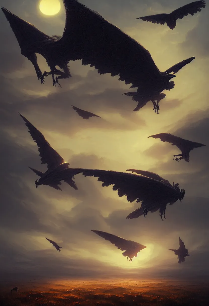 Image similar to strange alien birds flying up, autumn sunset, ultra high definition, ultra detailed, symmetry, fog, matte painting, by greg rutkowski and ross tran and wlop