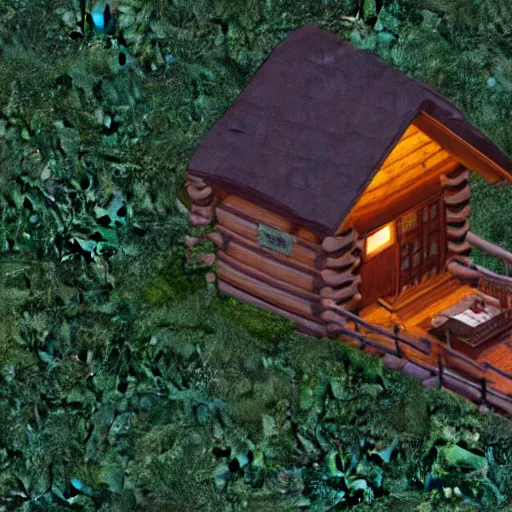 Prompt: concept art of a cabin in the woods, isometric view, unreal engine