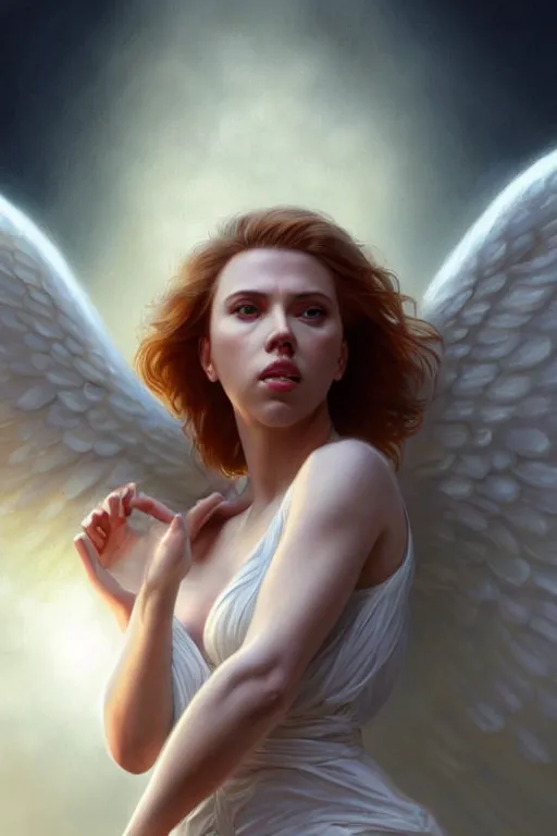 Image similar to Scarlett Johansson as a Heavenly Angel ,anatomy, only two hands, highly detailed, digital painting, artstation, concept art, smooth, sharp focus, illustration, Unreal Engine 5, 8K, art by art by artgerm and greg rutkowski and edgar maxence
