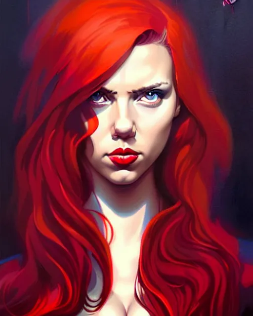 Prompt: peter mohrbacher, phil noto, artgerm, pretty scarlett johansson black widow, symmetrical eyes, long red hair