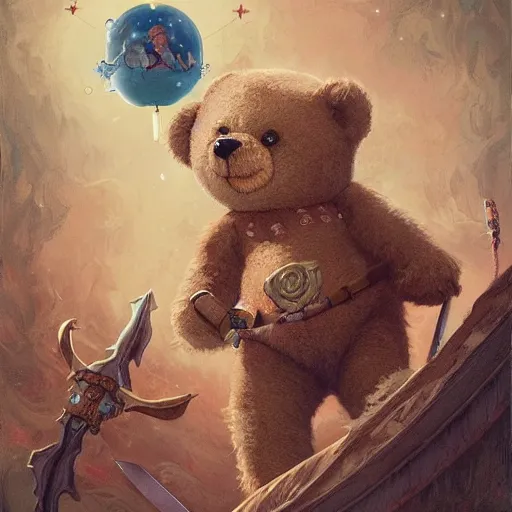 Prompt: a teddy bear pointing a sword at a monster above a child's bed, illustrated by miyazaki by karol bak, james jean, tom bagshaw, rococo, sharp focus, trending on artstation, cinematic lighting, hyper realism, octane render, 8 k, hyper detailed, vivid, ultra detailed, highly detailed