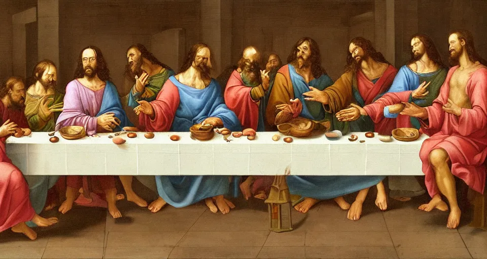 Prompt: a renaissance oil painting of the last supper, but jesus and the disciples are all women