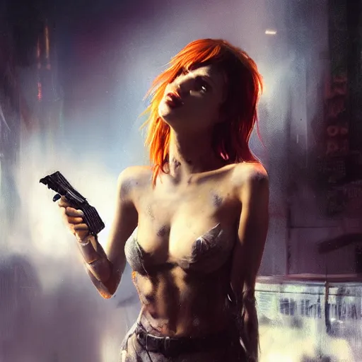 Image similar to bella thorne with gun, hyperrealistic full figure, bladerunner street alley, art of elysium by frank frazetta and by jeremy mann, fantasy art, photo realistic, dynamic lighting, artstation, full figure poster, volumetric lighting, very detailed face, 4 k, award winning