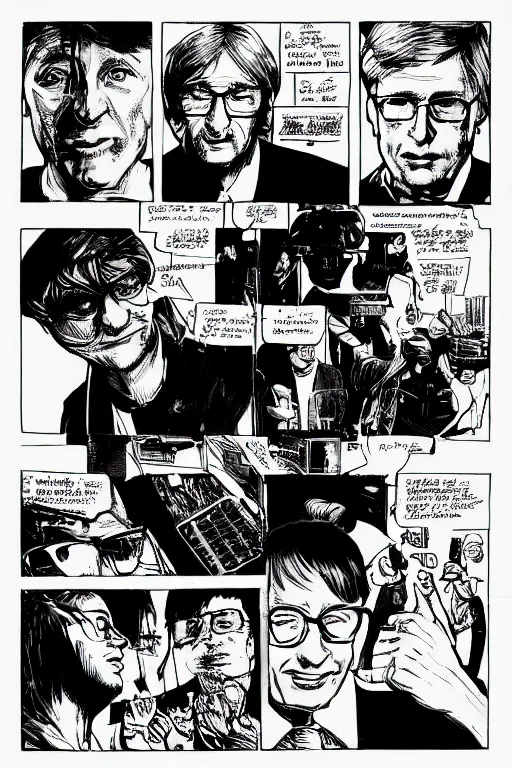 Image similar to microsoft co - founder bill gates presenting the xbox at ces, a page from cyberpunk 2 0 2 0, style of paolo parente, style of mike jackson, adam smasher, johnny silverhand, 1 9 9 0 s comic book style, white background, ink drawing, black and white