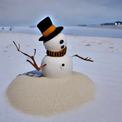 Image similar to snowman made out of sand, low-angle, photorealistic, !!award-winning!!