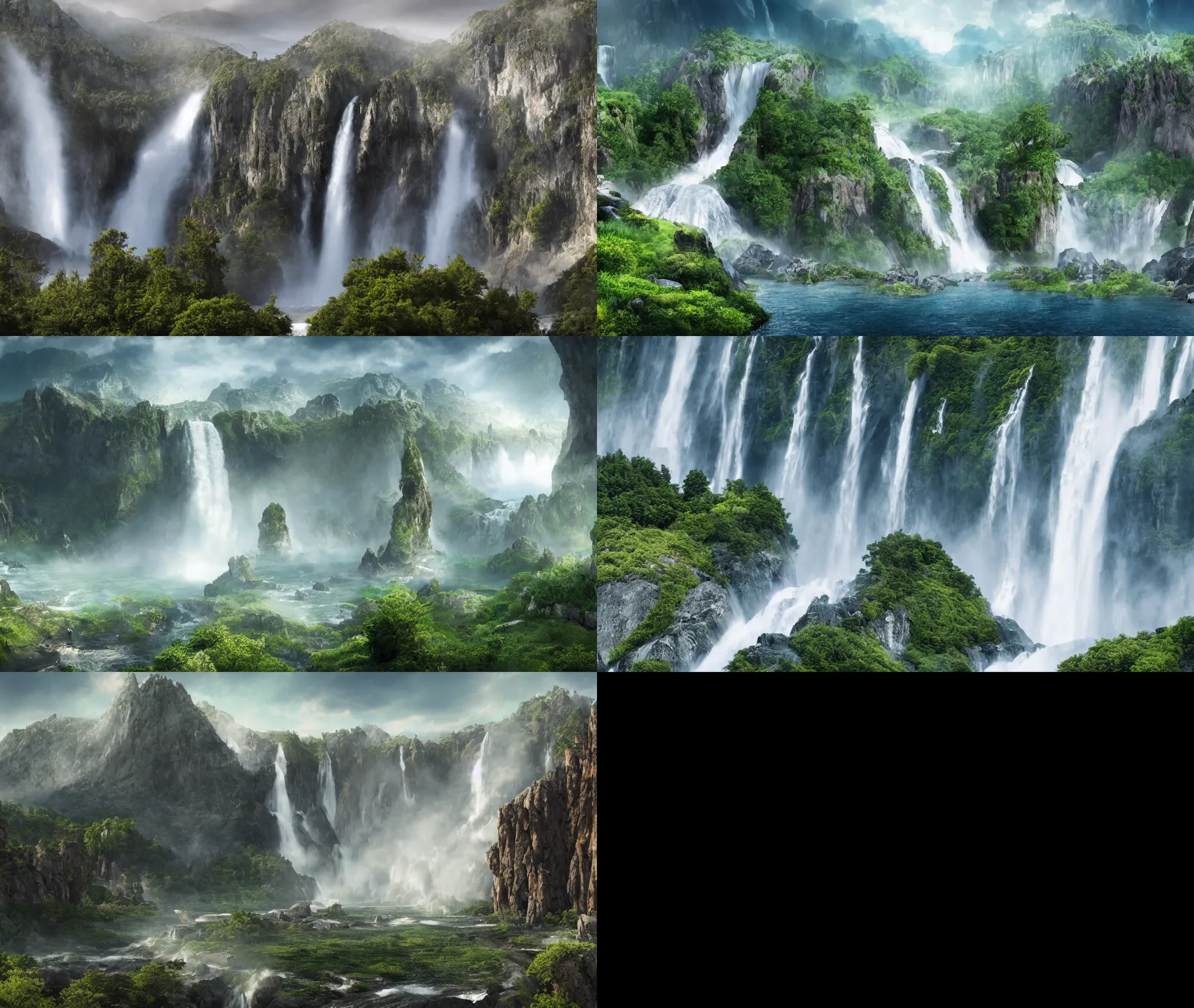 Prompt: epic landscape with large mountains and pillars of rock emerging from the ground, with large epic waterfall, cinematic, light mist, volumetric lighting, hyperrealistic, detailed, arial view, fantastical 4 k hd