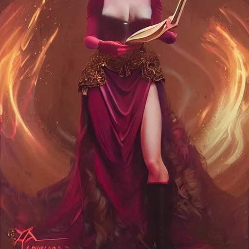 Image similar to anna kendrick dressed as jessica rabbit holding a glowing wand in one hand and a large leather bound book, fantasy, intricate, elegant, highly detailed, digital painting, artstation, concept art, matte, sharp focus, illustration, in the style of magic the gathering, art by artgerm and greg rutkowski and alphonse mucha