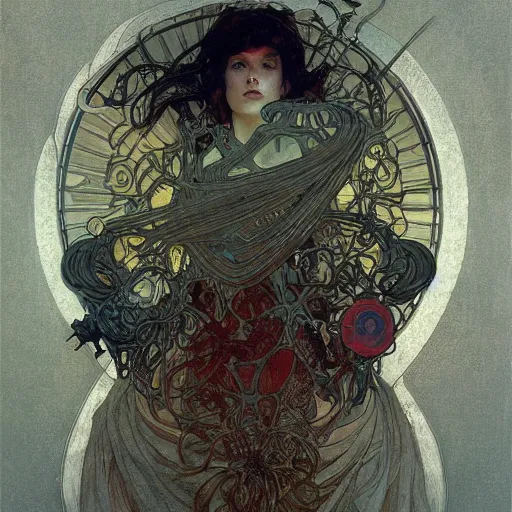 Image similar to nanoparticles, by james jean, greg rutkowski, giger, alphonse mucha, andrew wyeth