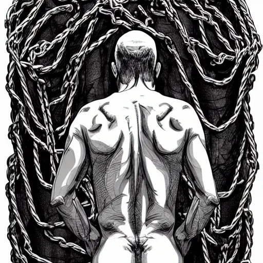 Image similar to A PORTRAIT FROM BEHIND OF A MAN ,THE THE MAN IS WRAPPED IN CHAINS ,detailed, concept art, ink style , sketch