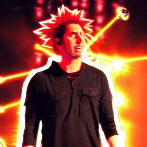 Prompt: Nickelback casting the Chidori jutsu from Naruto at a concert