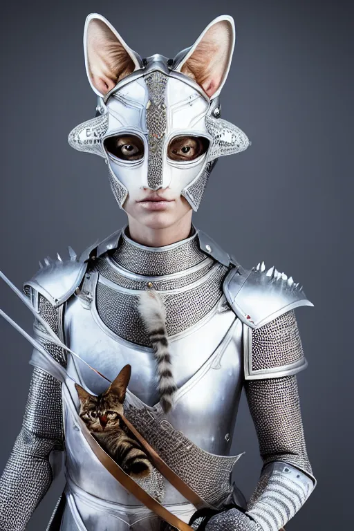 Image similar to female knight wearing a real cat on her head, armor designed by wayne barlowe, swarovski and tiffany, blonde hair, symmetry, sci - fi, cinematic, elegant, luxury, perfect light, perfect composition, dlsr photography, sharp focus, dark fantasy, 4 k, ultra hd, sense of awe, highly detailed, realistic, intricate