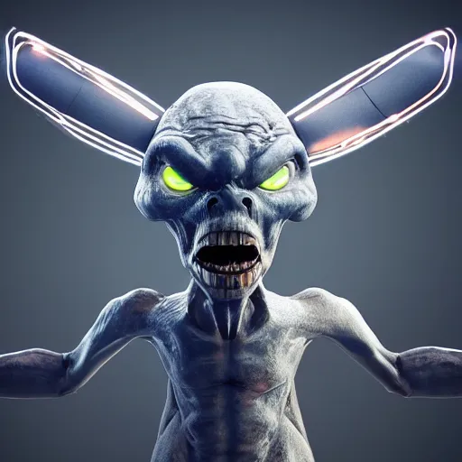 Prompt: full body dark and intimidating portrait of an angry grey alien with sharp glowing black eyes, standing upright with blue wispy light highlighting from behind its figure on a black background, scary, dark and high resolution, 3 d, rim lighting, octane render, 8 k, ultradetailed, photorealistic,